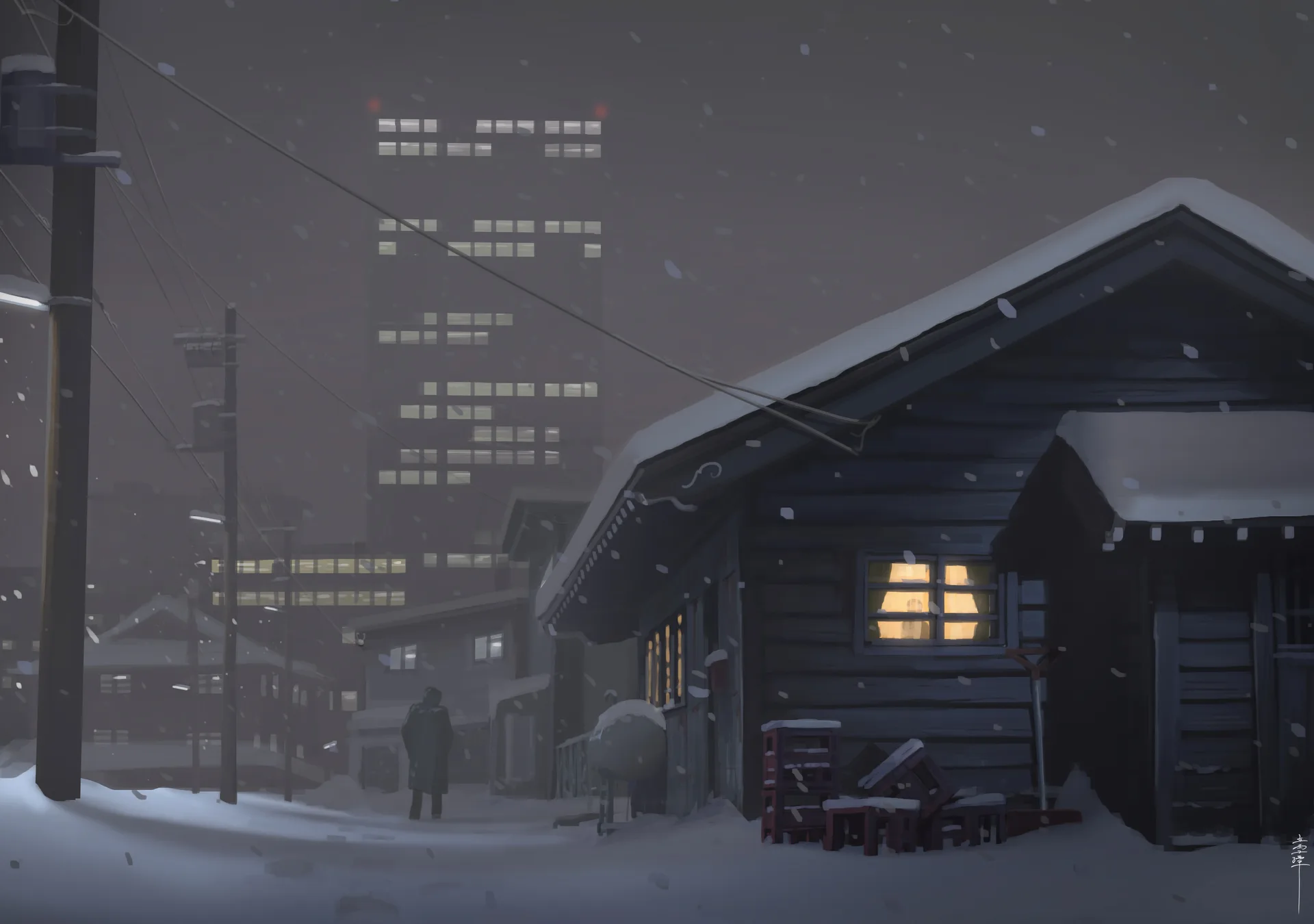 snow · night · electric line · winter