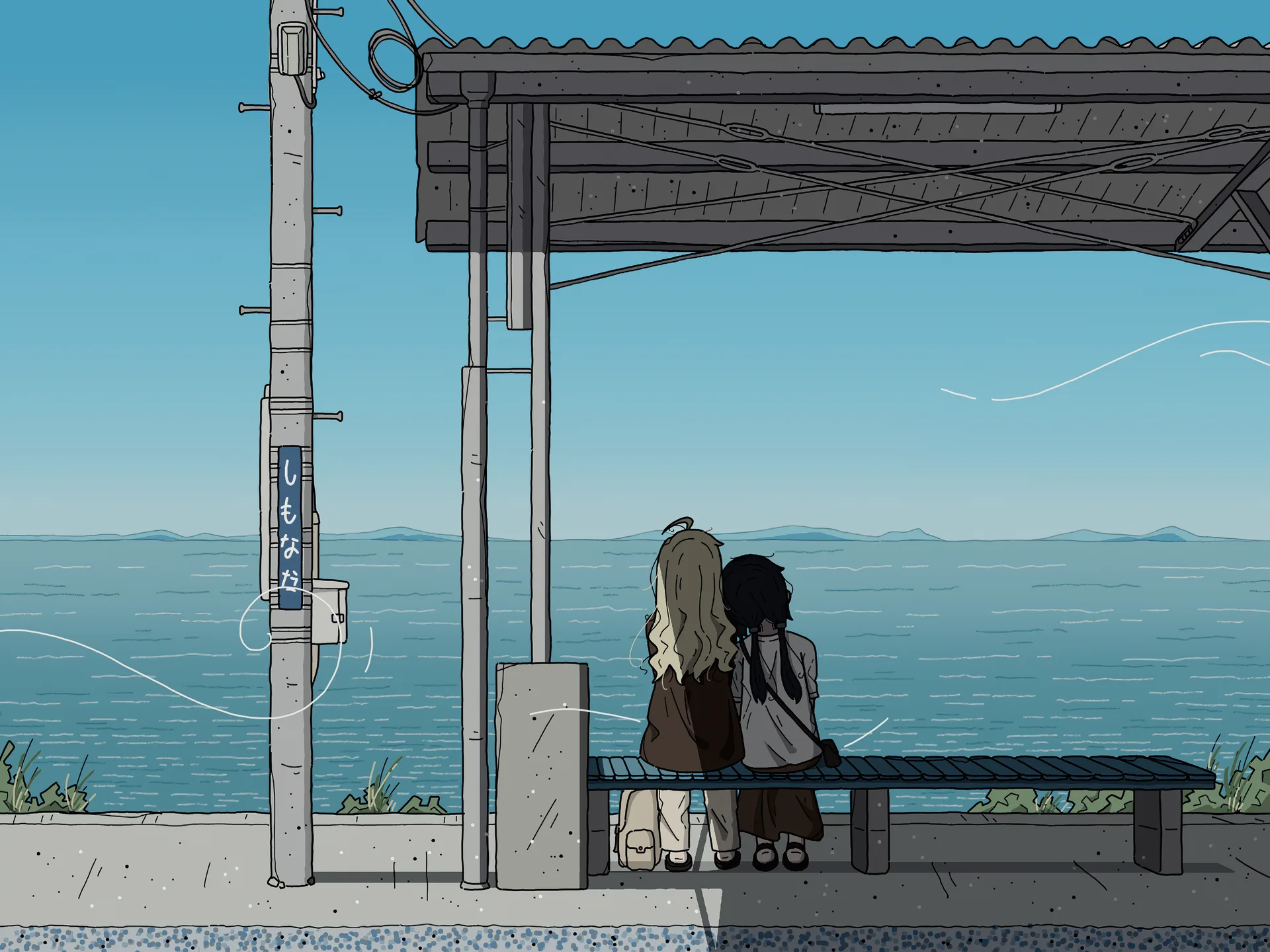 anime girls · two women · coast · ocean view