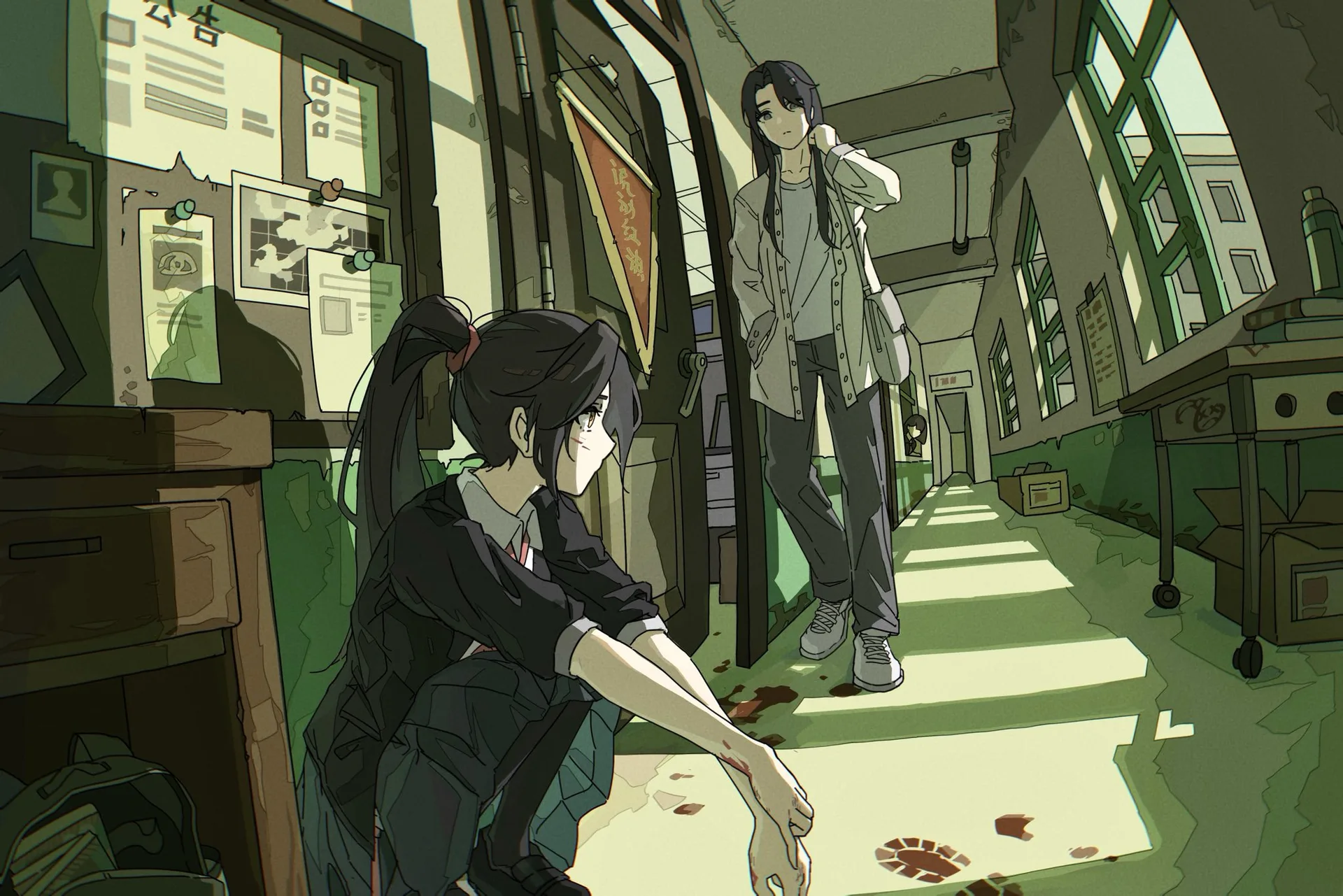 anime girls · schoolgirl · hallway · classroom