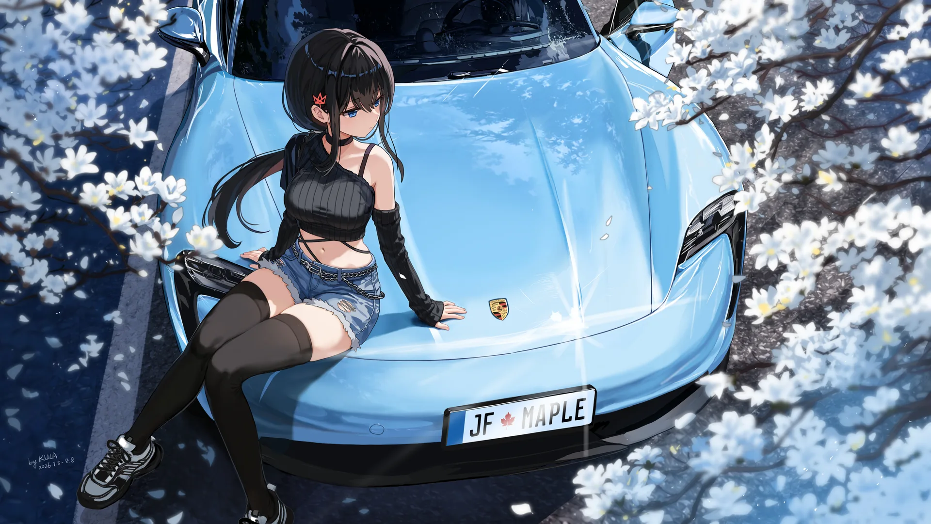 anime girls · thigh-highs · women outdoors · sitting