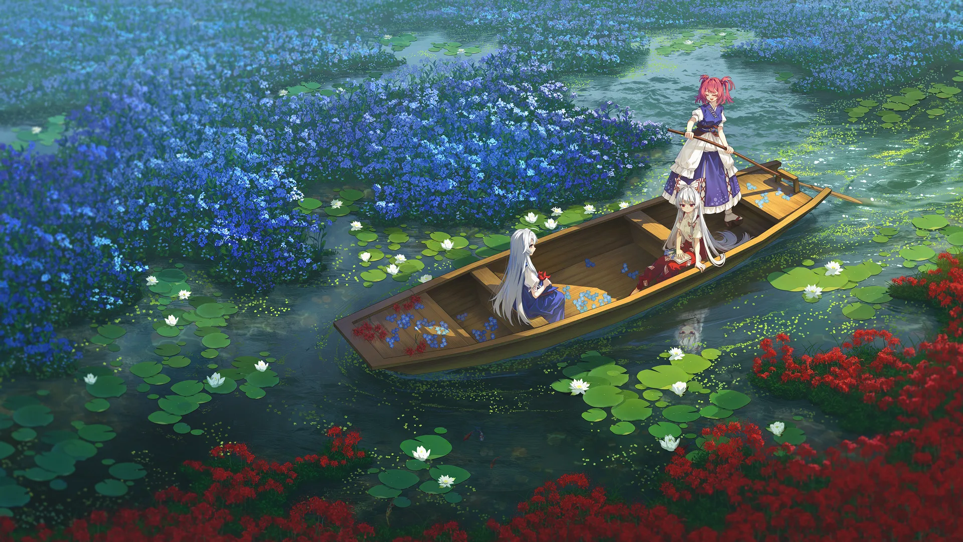 Touhou · group of women · Fujiwara no Mokou · boat