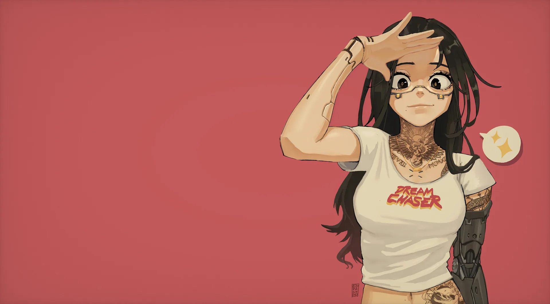 looking at viewer · long hair · mechanical arm · black hair