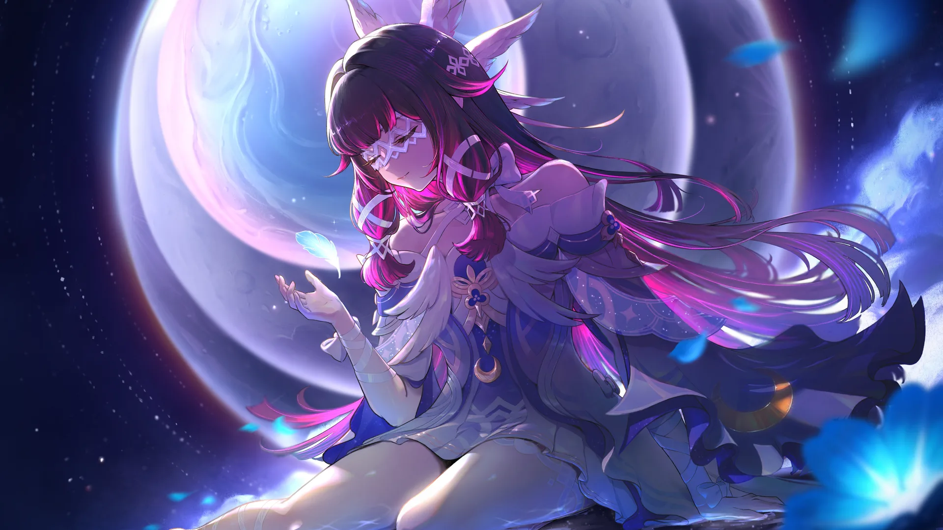 Genshin Impact · Columbina (Genshin Impact) · blue background · purple