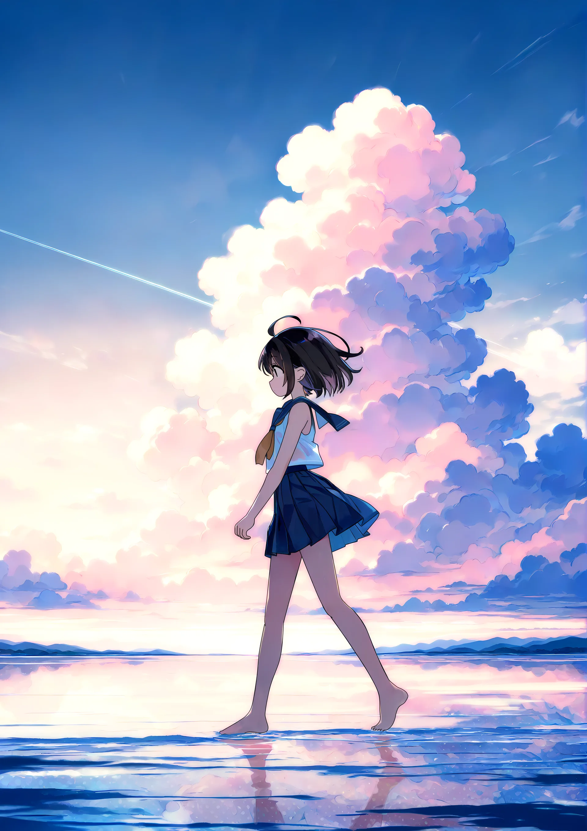 anime girls · short hair · looking sideways · clouds