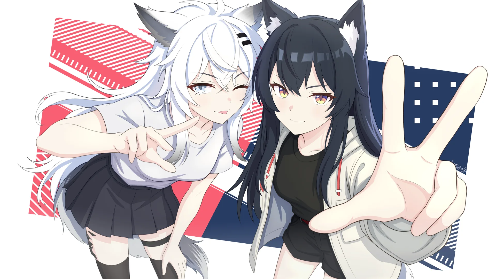 Lappland (Arknights) · Texas (Arknights) · smiling · simple background