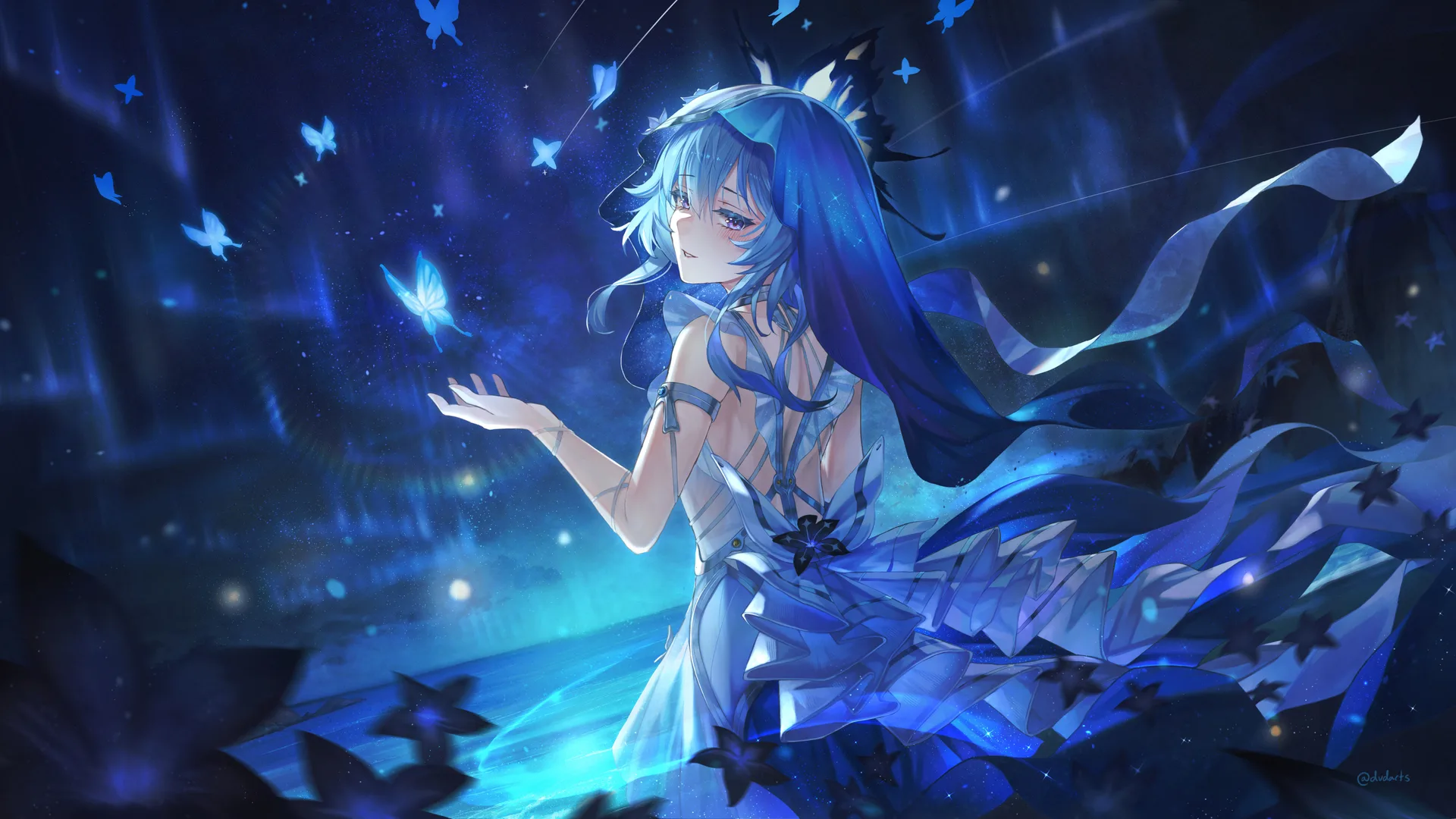 Wuthering Waves · Shorekeeper (Wuthering Waves) · blue background · blue hair
