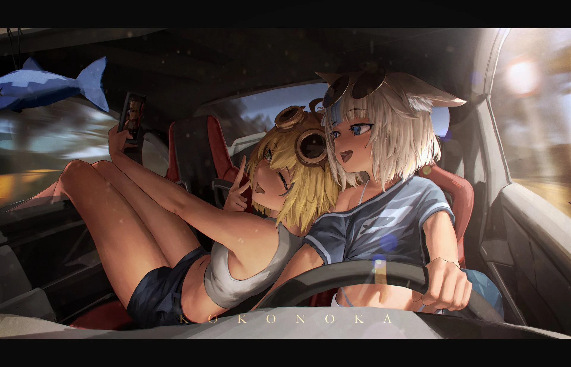 anime girls · sunlight · in a car · two women