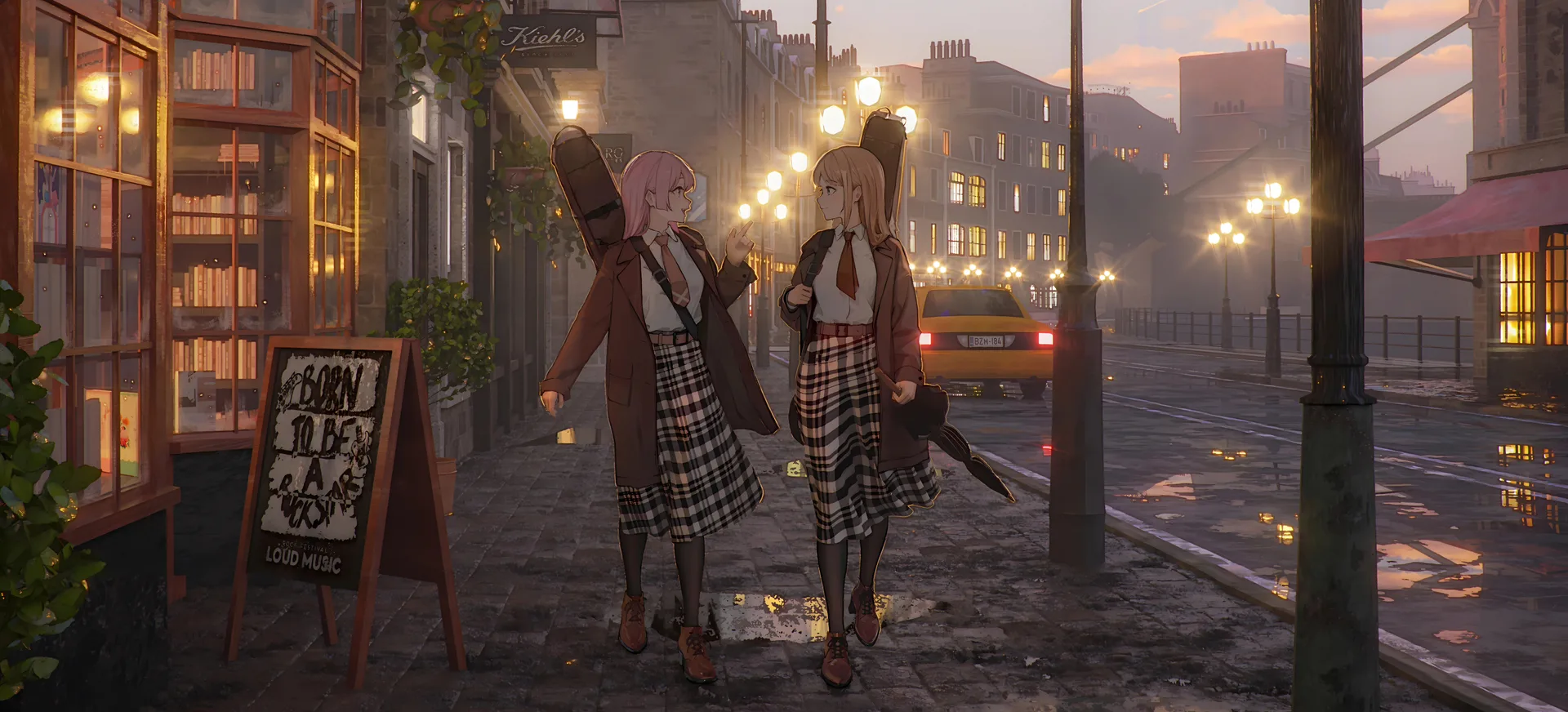 anime girls · two women · walking · ultrawide