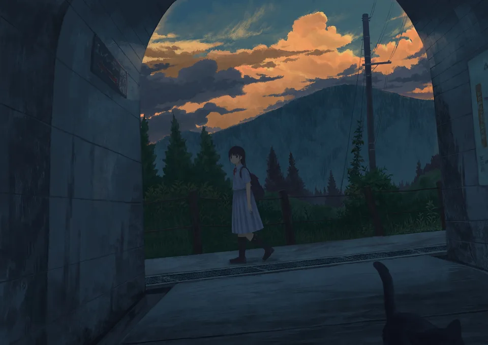Genjo · sunset · trees · mountains