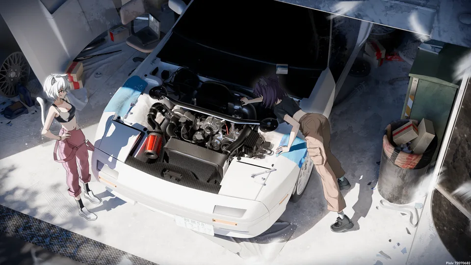 anime girls · two women · women outdoors · garage