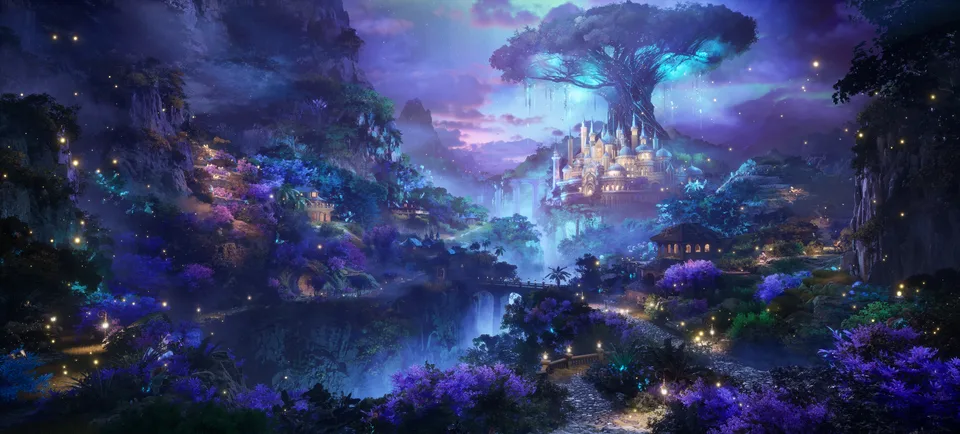 ArtStation · blue light · bridge · trees