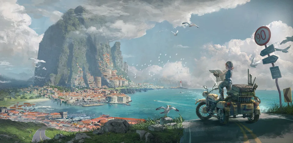 anime girls · motorcycle · women outdoors · harbor