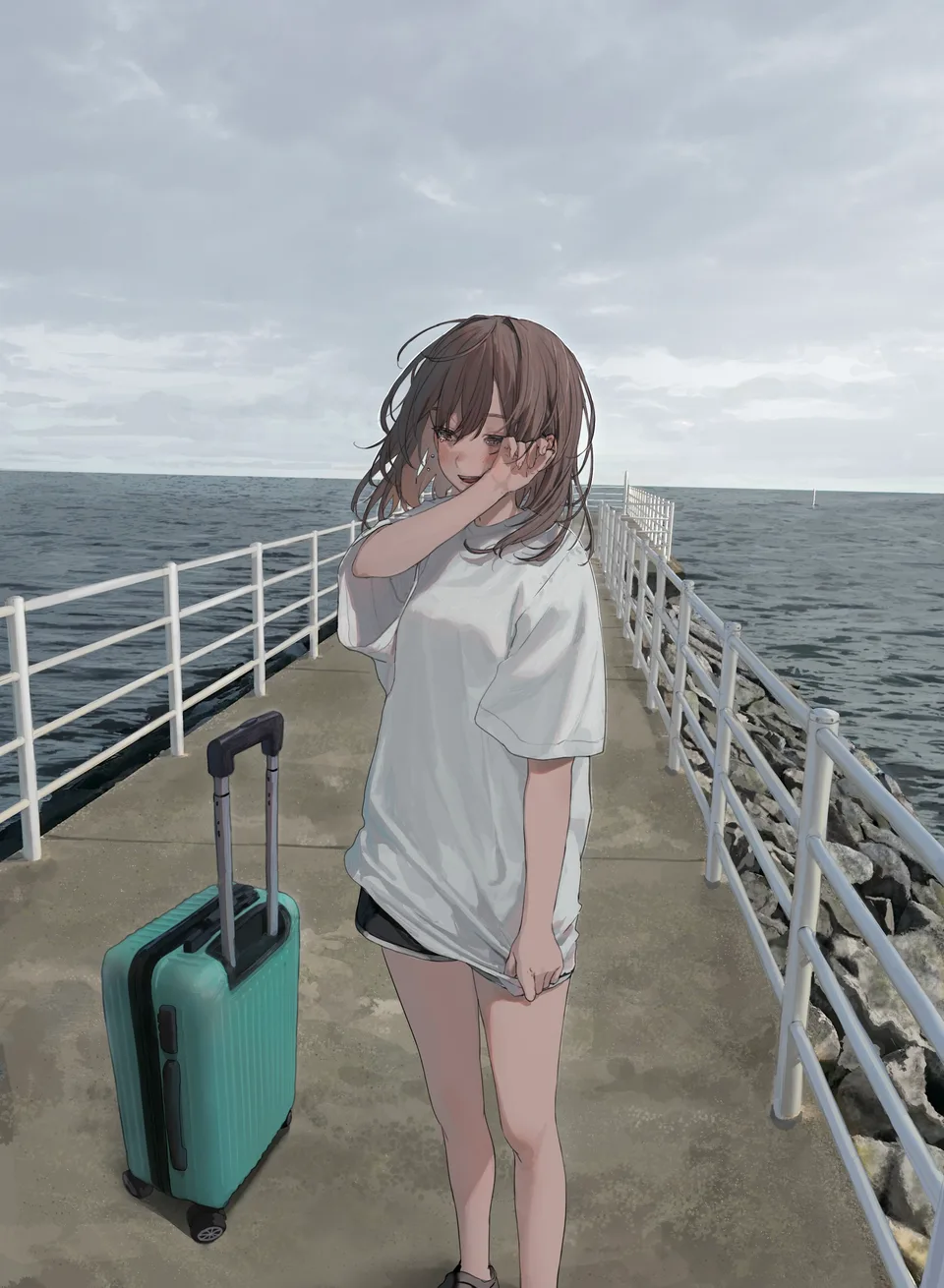 anime girls · clouds · crying · ocean view