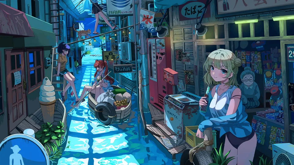 anime girls · Asian · cityscape · street