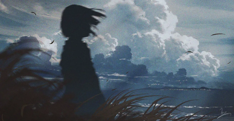 anime girls · silhouette · sunlight · coast