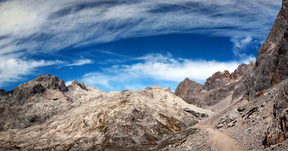 Beautiful mountain landscape of Picos de Europa under the blue sky, Spain, September 2013