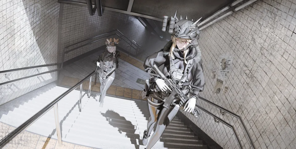 girls with guns · night vision goggles · subway · stairs