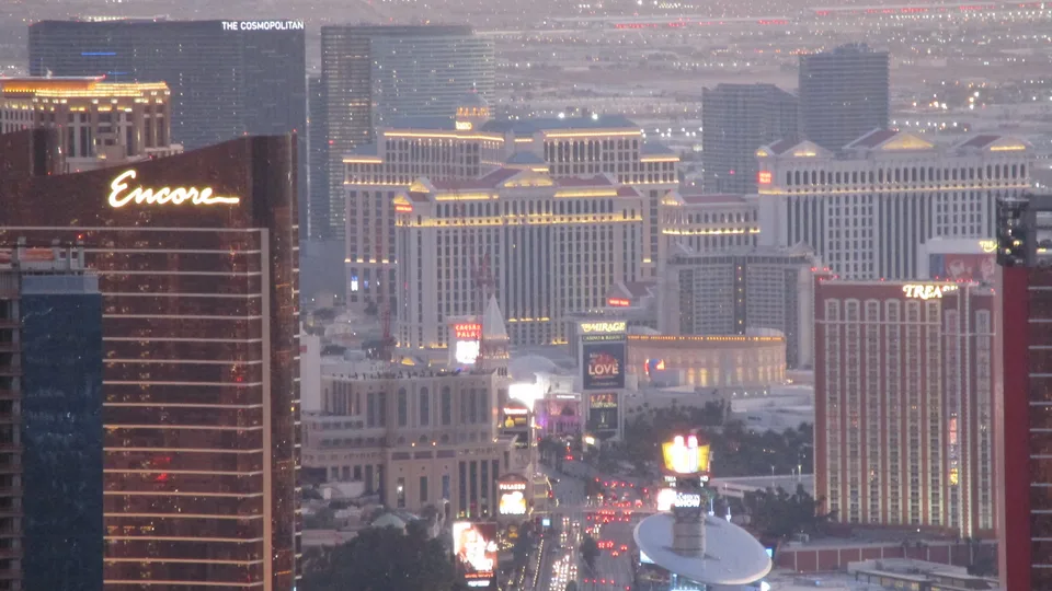 Nevada - Las Vegas:  THE STRIP - view from Stratosphere Tower  - the twilight is followed by a night full of neon lights