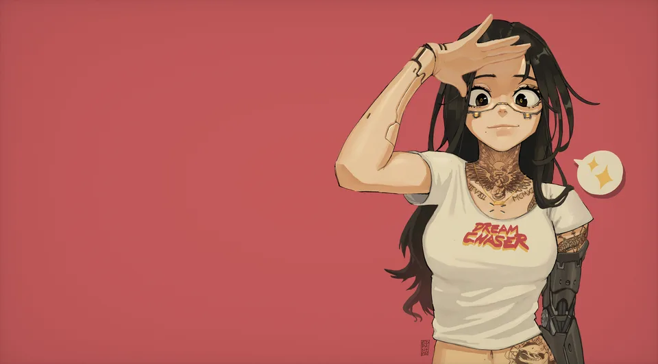 looking at viewer · long hair · mechanical arm · black hair