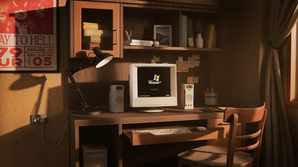 Windows XP · CRT Monitor · wooden construction · lamp