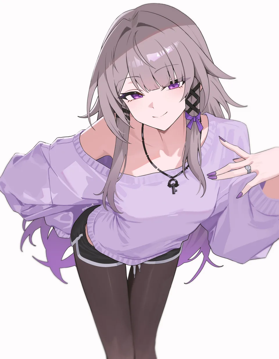 purple sweater · necklace · shoulder length hair · gray hair
