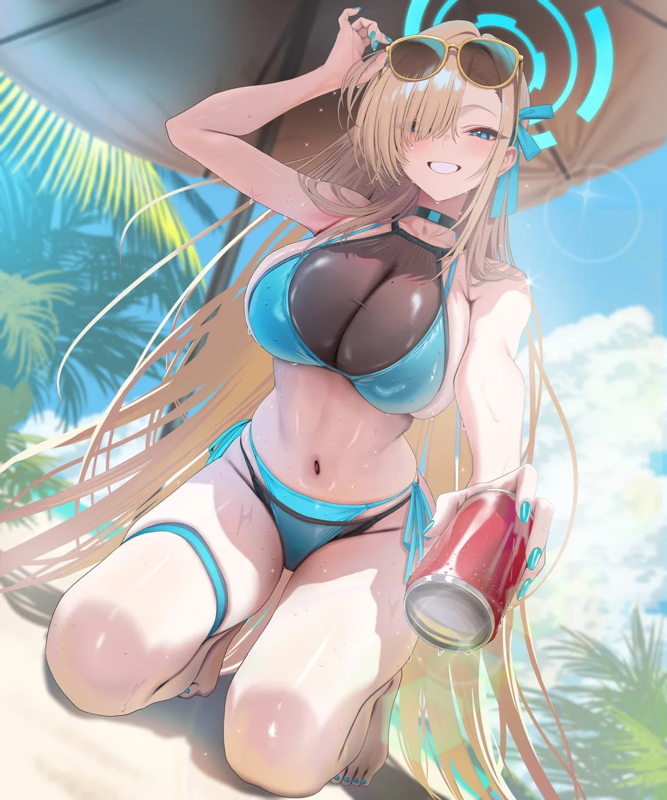 Blue Archive · blue bikini · Asuna Ichinose · kneeling