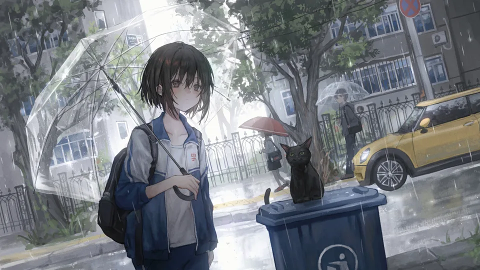 anime girls · Asian · city · rain