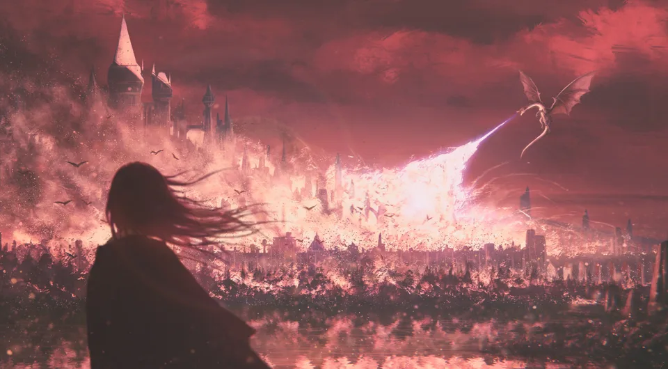 Valky Uniguri · dragon · burning · castle
