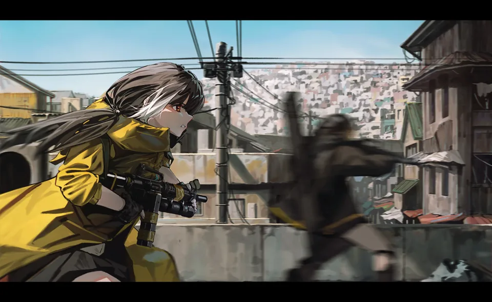 RO635 (Girls' Frontline) · M16A1 (Girls' Frontline) · girls with guns · side view