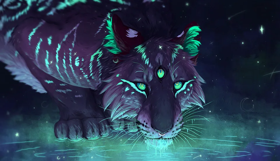 tiger · neon · water · looking at viewer