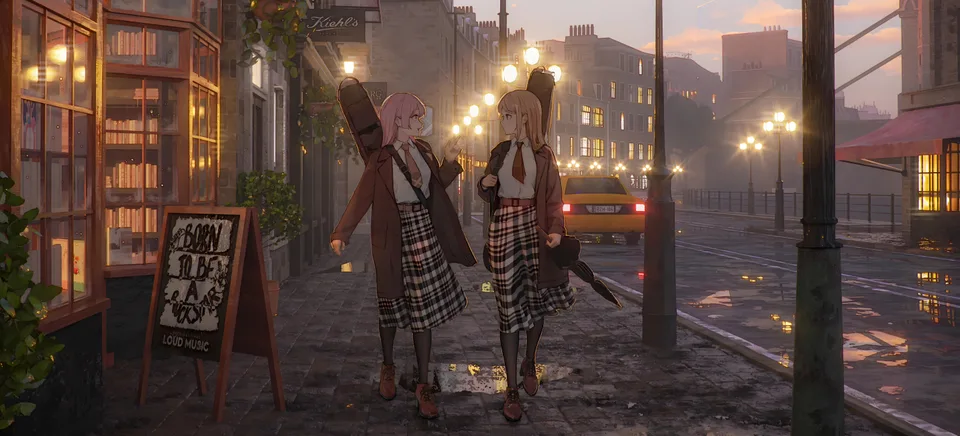 anime girls · two women · walking · ultrawide